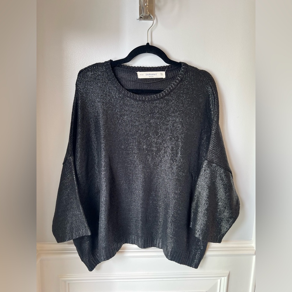 Zaraknit Black Acrylic Crew Neck Sweater Blouse with Ribbed Trim Oversized